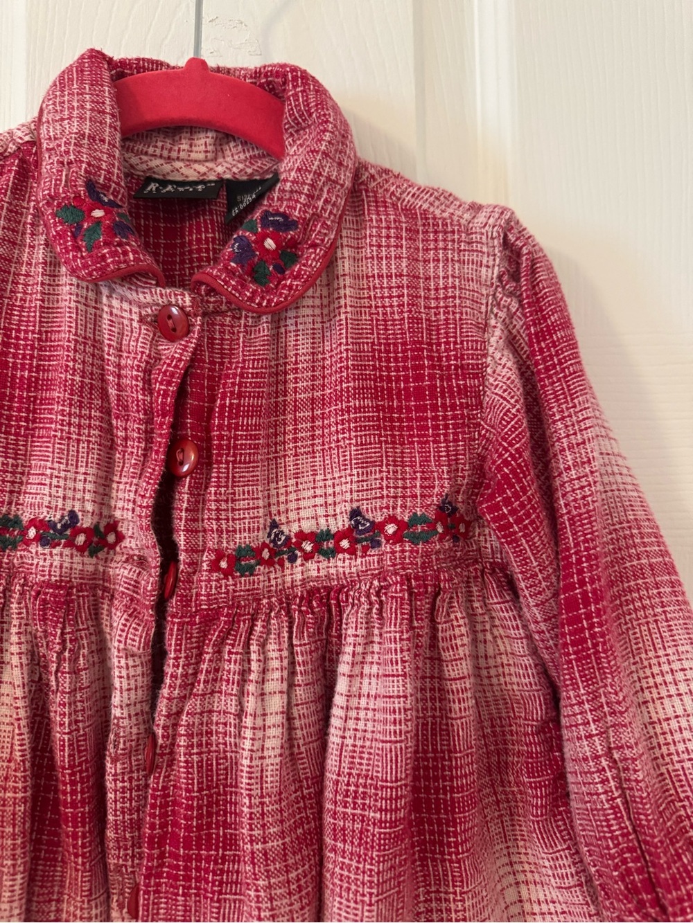 VINTAGE - Girls' Pink Button-Front Textured Dress with Floral Embroidery - EUC
